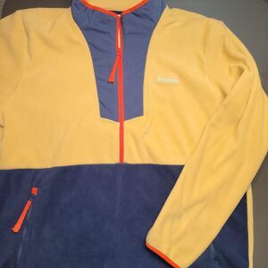 Columbia Fleece Pullover Mens XL Mustard Navy 1/2 Zip Long Sleeve EUC
